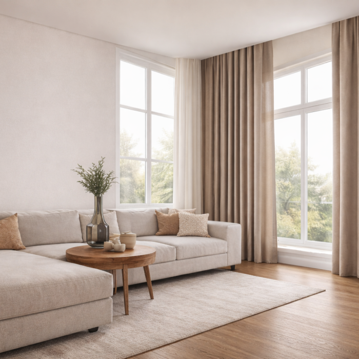 Modern interieur met landelijk linnen gordijnen naturel